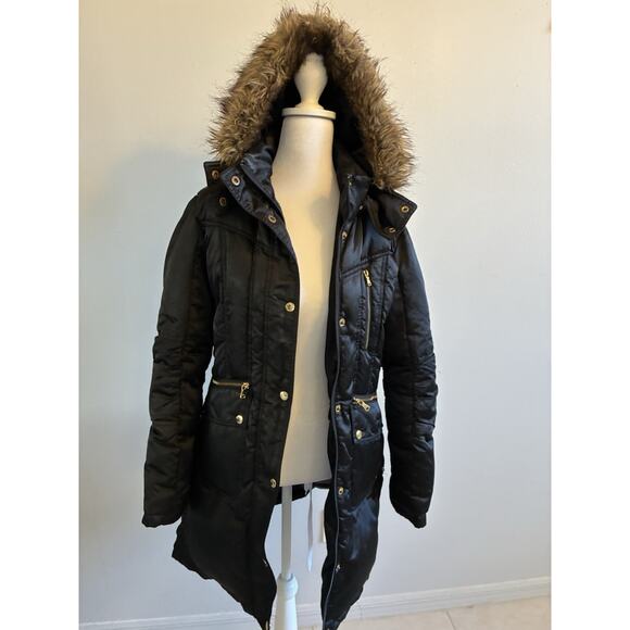 VTG Y2K Puffer Jacket Goose Down Feather Faux Fur Hood Black Silky Guess Women M - Picture 3 of 16